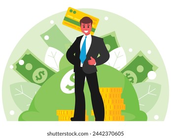 Successful businessman. Standing and smiling businessman dressed in a business suit with a blue tie on a background of big bag of money. Vector graphics