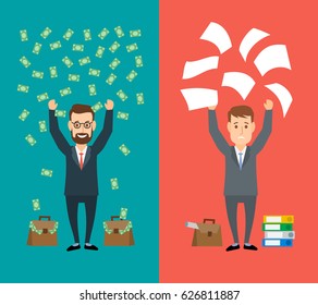 successful businessman standing under falling money rain throwing paper documents