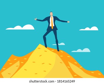 Successful businessman stands on top of  golden coins heap as symbol of achievement and success. Business concept illustration 