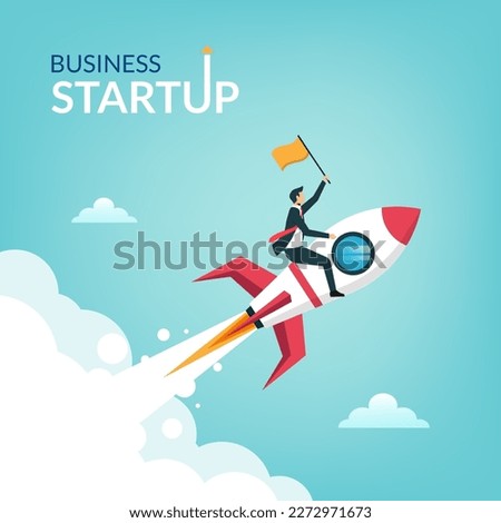 Successful businessman start up holding flag on rocket flying through sky, Business concept illustration