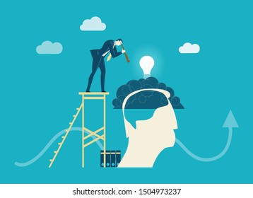 Successful businessman staying on top of the stairs and looking in to the human's brain with with the telescope. Finding the right solution, control and discovery concept illustration 