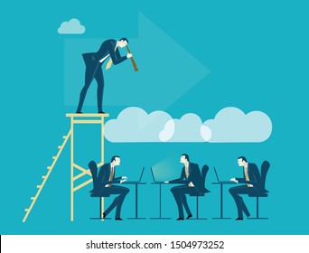 Successful businessman staying on top of the stairs and looking with the telescope at his team working hard. Business concept illustration 
