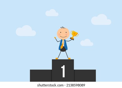 Successful businessman with stickman shape standing on a top of podium and holding up winning trophy. Path to the  business strategy target achievement, goal, career development and planning concept