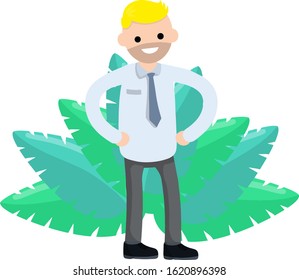 Successful businessman in strong pose. Happy man in suit and tie. Office worker. Green leaves of plants. Hands at the waist. Cartoon flat illustration