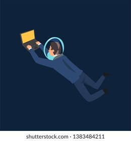 Successful Businessman in Suit and Astronaut Helmet Flying in Outer Space or Internet Space with Laptop Computer, Business Development Strategy, Leadership Vector Illustration