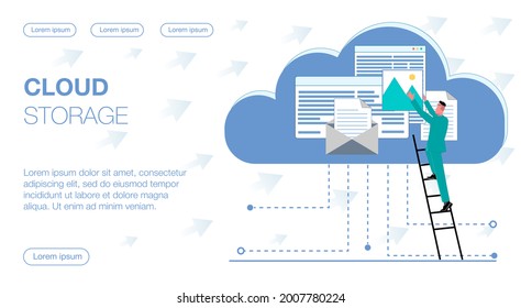 a successful businessman in a suit climbs the ladder to the cloud to put a file in the cloud storage with documents vector flat illustration