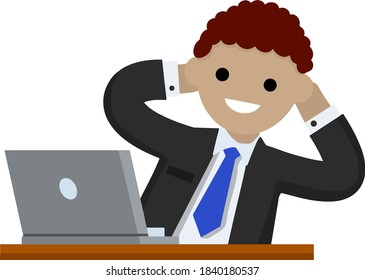 Successful businessman in suit. Gesture with hand behind head. Rest at work with computer on table. Happy man in tie. Business or pleasure. Cartoon flat illustration