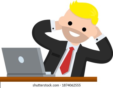 Successful businessman in suit. Gesture with hand behind head.