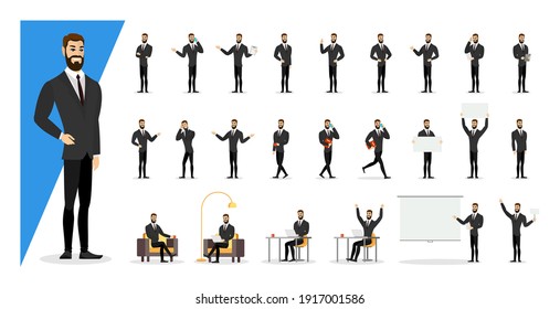 Successful businessman in suit showing gestures and emotions in different poses set. Office business man character with beard. Vector male person standing, sitting, walking, happy and angry collection