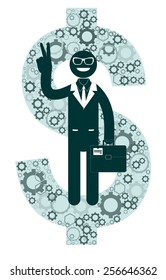 Successful businessman in suit showing victory sign on a background of dollar signs.Stock Vector illustration