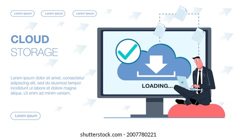 a successful businessman in a suit sits in a lotus pose on a cushion with a laptop computer and uploads files to cloud storage with documents vector flat illustration