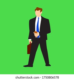 Successful businessman in a suit, tie, in hand a smartphone and a briefcase. Vector illustration in a flat style. Isolated green background.