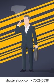 Successful businessman with a suitcase. Man smokes on black and yellow background. Retro style poster. Vector illustration.