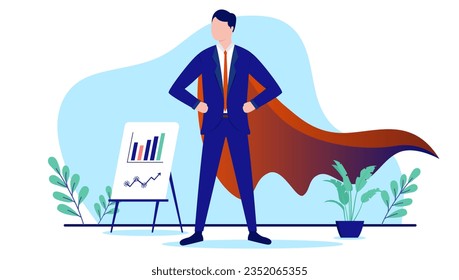 Successful businessman superhero leader standing proud in front of rising chart and diagram. Success concept in flat design vector illustration with white background