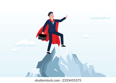 Successful businessman superhero pointing finger up on mountain peak, ambition to success, motivation or aspiration to achieve goal, victory or career growth, challenge or aiming for success (Vector)