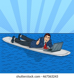 Successful Businessman Surfing on the Sea with Laptop. Pop Art Vector illustration