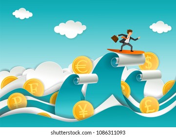 Successful businessman surfing reserve currency wave. Vector illustration in paper art style. Modern origami design template.