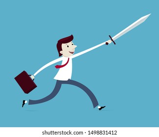 Successful businessman with sword running forward