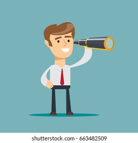 successful businessman with telescope . Business Vision Concept. Stock vector illustration for poster, greeting card, website, ad, business presentation, advertisement design.
