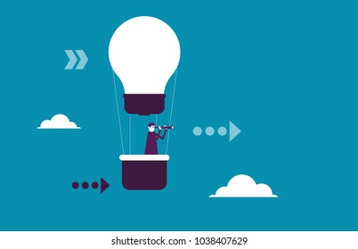 Successful. Businessman with telescope in hot air balloon searching. Vector illustration opportunity business concept.