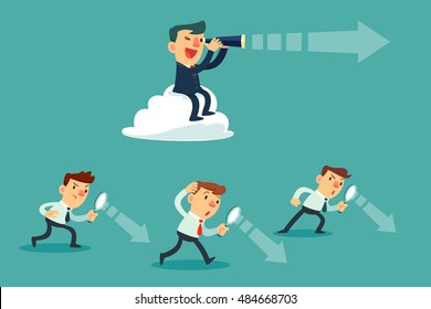 successful businessman with telescope sit on cloud above others. Business Vision Concept.