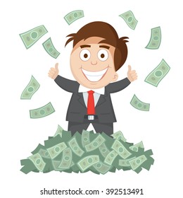 Successful Businessman Thumb Up Money Bills Pile, Vector  Illustration