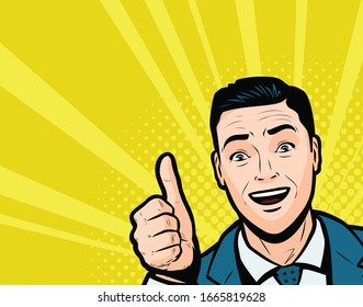 Successful businessman with thumb up. Retro comic pop art vector illustration
