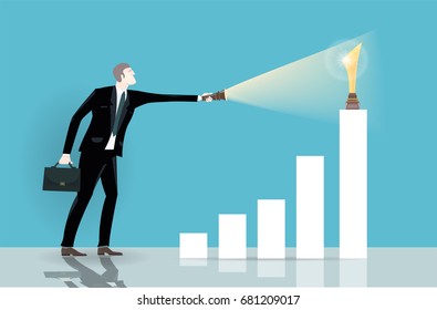 Successful businessman with torch illuminating the trophy and bar chart. Winning, leading and success theme illustration. Business concept collection. 