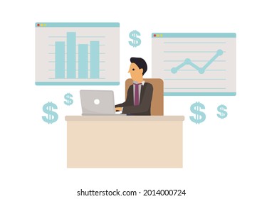 Successful businessman trader in formal wear working with charts and market reports on computer screens in his office. Busy working day. Vector illustration.
