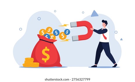 Successful businessman using a large horseshoe magnet to attract gold and blue coins from a red money bag during a financial operation.