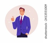Successful businessman. Vector cartoon flat illustration of a young smiling man in a blue business suit with thumbs up. Isolated on the background.