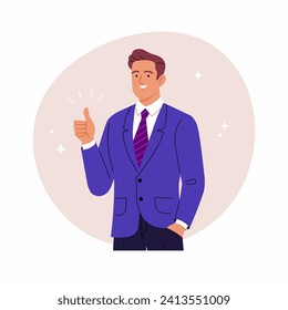 Successful businessman. Vector cartoon flat illustration of a young smiling man in a blue business suit with thumbs up. Isolated on the background.