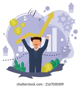 successful businessman vector scene. growth chart. business success. get a lot of money.  profit market success. can be used to describe your success or your worker at work