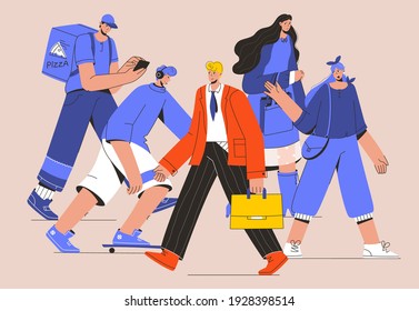 Successful Businessman Walking Against The Flow Of Crowd. Man Opposing Group Of Negativity And Judgment People. Metaphor Of Individuality. Choose Your Own Path Concept. Vector Character Illustration