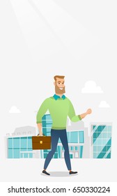 Successful businessman walking in the city street. Businessman walking down the street. Businessman walking to the success. Business success concept. Vector flat design illustration. Vertical layout.