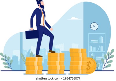 Successful businessman walking up stack of money - Rich man having success in career and earning more and more money. Vector illustration on white background.