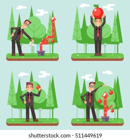 Successful Businessman and Watering Growth Infographic Set Flat Design Vector illustration