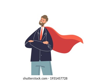 Successful businessman wearing red hero cape. Confident business man in superhero cloak standing with hands folded over white background. Cartoon flat vector illustration