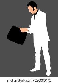 successful businessman in white suit with briefcase, vector 