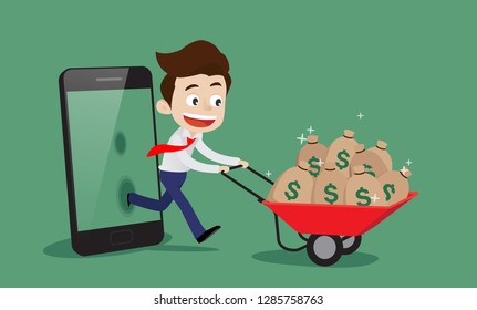 Successful businessman who makes money from a digital online business concept, Happy businessman pushing the trolley filled with money came out of the phone, Cartoon vector illustration