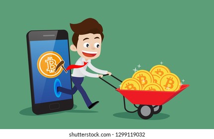 Successful businessman who makes money from a digital asset cryptocurrency concept, Happy businessman pushing the trolley filled with bitcoin came out of the phone, Cartoon vector illustration