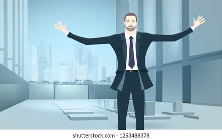Successful businessman with wide open hands in the big office space. Winning, leading and success theme illustration. Business concept collection.