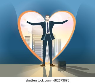 Successful businessman with wide open hands in front of the heart shape window. Winning, leading and success theme illustration. 