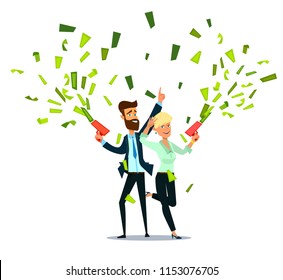 Successful Businessman And Woman Throwing Money. Vector illustration in cartoon style.