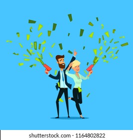 Successful Businessman And Woman Throwing Money. Vector illustration in cartoon style.