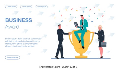 successful businessman won a business award prize and sits on a cup working on a laptop around a team woman with a briefcase and a man are flying confetti vector flat illustration