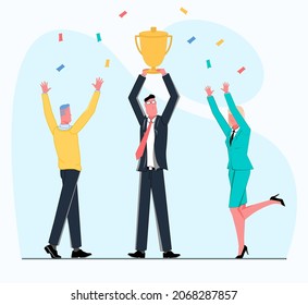 successful businessman won business award prize and holds a cup above his head around team woman and man are flying confetti vector flat illustration