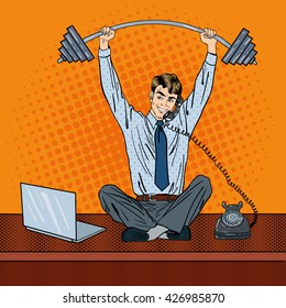 Successful Businessman at Work. Multitasking Office Worker. Pop Art. Vector illustration