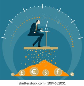 Successful businessman working with computer and speed measure graph at the background representing the quality and progress of his work. Business man making money concept. 