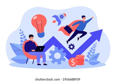 Successful businessman working with laptop and flying like man with super skills. Concept for startup launch, venture, motivation and inspiration. Financial success flat vector illustration